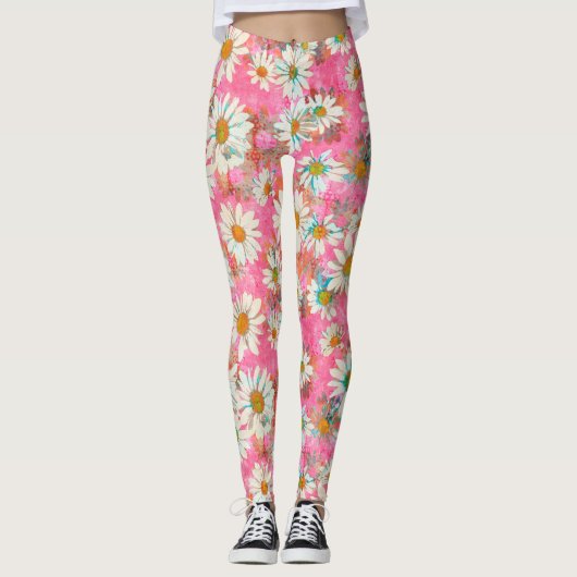 White Daisies on Pink Floral Pattern Leggings (Voorkant)
