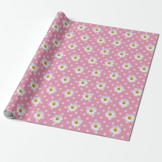 White Daisies on Polka Dots Cadeaupapier (Uitgerold)
