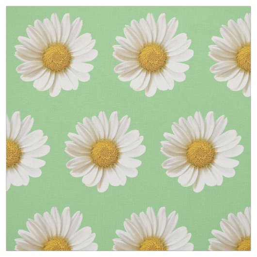 White Daisies on Sage Green Floral Stof (Swatch)