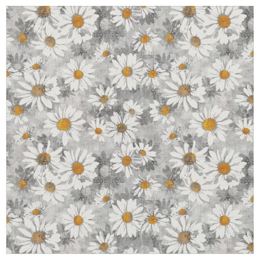 White Daisies on Silver Grey Floral Pattern Stof (Close Up)
