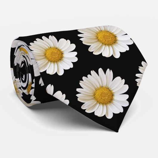 White Daisies Pattern on Black Stropdas (Opgerold)