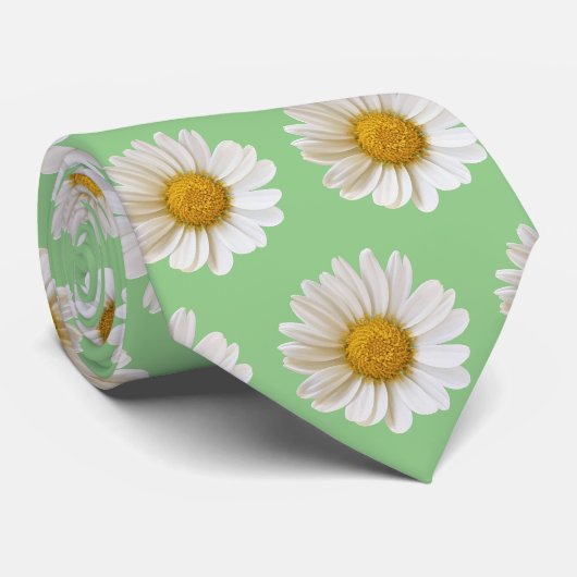 White Daisies Pattern on Sage Green Stropdas (Opgerold)