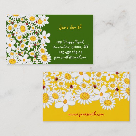 White Daisies Spring Flowers Ladybugs-profielkaart Visitekaartje (Voorkant / Achterkant)