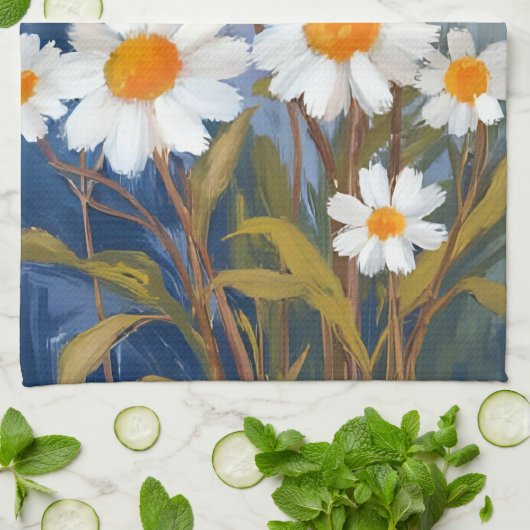 White Daisies Watercolor Flowers Painted Theedoek (Gevouwen)