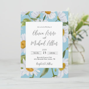 White Daisies Waterverf Blue Wedding Invitation Kaart