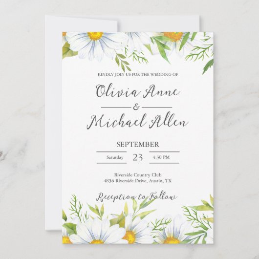 White Daisies Waterverf Script Wedding Invitation Kaart (Voorkant)