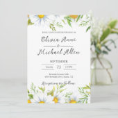 White Daisies Waterverf Script Wedding Invitation Kaart (Staand voorkant)