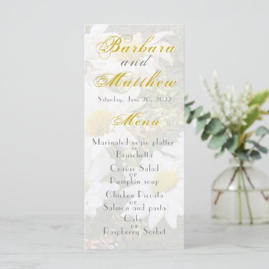 White Daisies Yellow and grijy Script Wedding Menu (Staand voorkant)