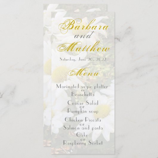 White Daisies Yellow and grijy Script Wedding Menu (Voorkant / Achterkant)