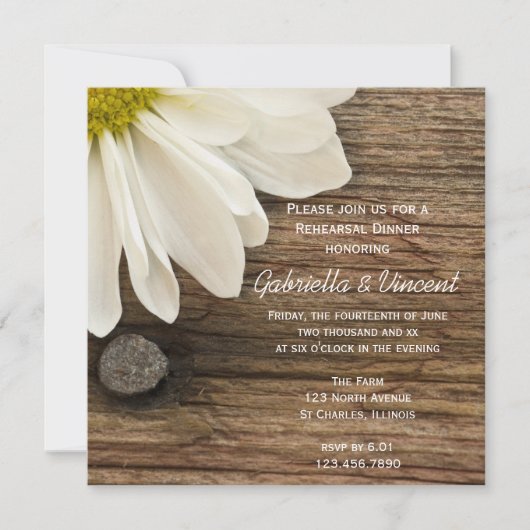 White Daisy and Barn Wood Wedding Rehearsal Dinner Kaart (Voorkant)