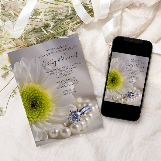 White Daisy and Diamond Ring Engagement Party Kaart