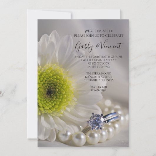 White Daisy and Diamond Ring Engagement Party Kaart (Voorkant)