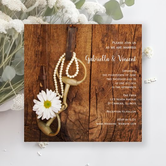 White Daisy and Horse Bit Country Western Wedding Kaart