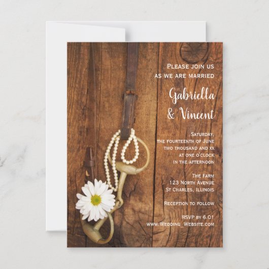 White Daisy and Horse Bit Country Western Wedding Magnetische Uitnodiging (Voorkant)