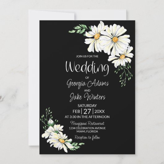 White Daisy Black Wedding Invitation Kaart (Voorkant)
