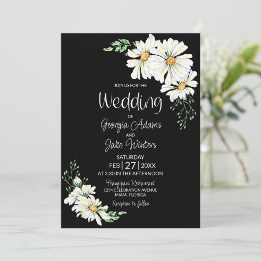 White Daisy Black Wedding Invitation Kaart (Staand voorkant)