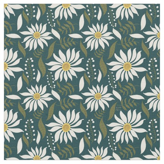 White Daisy Blauwgroen Floral Pattern Stof (Close Up)