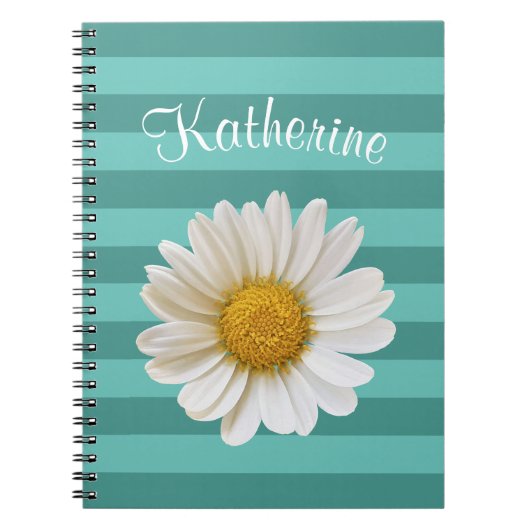 White Daisy Blauwgroen Striped Custom Name Notitieboek (Voorkant)