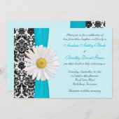 White Daisy Blue Black Damask Wedding Invitation Kaart (Voorkant / Achterkant)