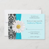 White Daisy Blue Black Damask Wedding Reply Kaart (Voorkant)