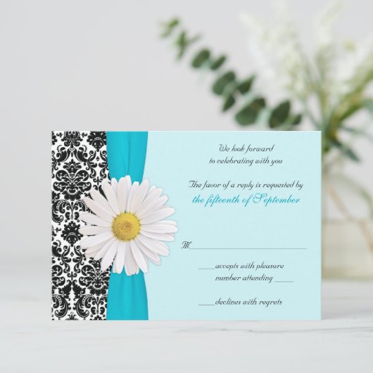 White Daisy Blue Black Damask Wedding Reply Kaart (Staand voorkant)