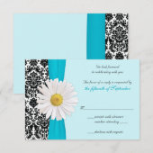 White Daisy Blue Black Damask Wedding Reply Kaart (Voorkant / Achterkant)