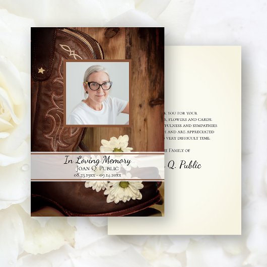White Daisy Cowboy Boot Funeral Memorial Sympathie Bedankkaart