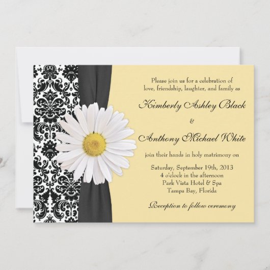 White Daisy  Damask Wedding Uitnodiging (Voorkant)
