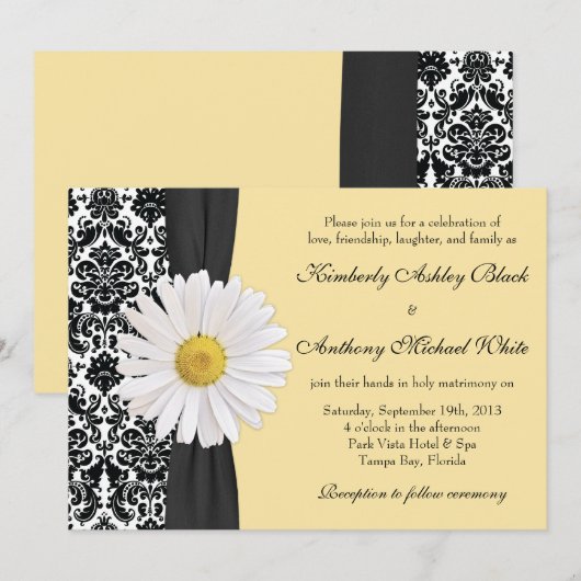 White Daisy Damask Wedding Uitnodiging (Voorkant / Achterkant)