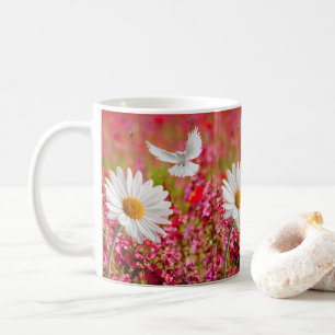 White Daisy Dove Pink Floral Mok