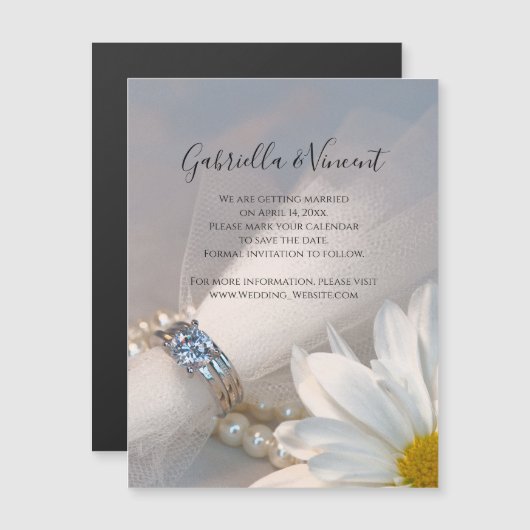 White Daisy Elegance Wedding Save the Date Magnetische Uitnodiging (Voorkant / Achterkant)