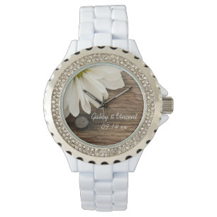 White Daisy en Barn Wood Country Wedding Horloge