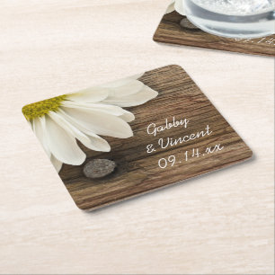 White Daisy en Barn Wood Country Wedding Kartonnen Onderzetters