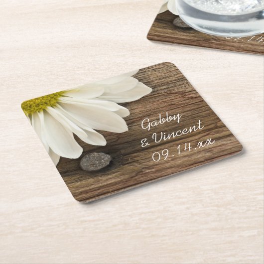 White Daisy en Barn Wood Country Wedding Kartonnen Onderzetters (Schuin)