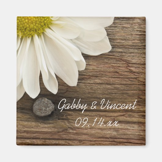 White Daisy en Barn Wood Country Wedding Magneet (Voorkant)