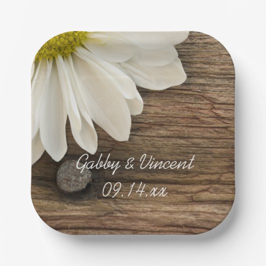 White Daisy en Barn Wood Country Wedding Papieren Bordje (Voorkant)