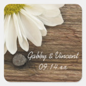 White Daisy en Barn Wood Country Wedding Vierkante Sticker (Voorkant)