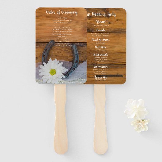 White Daisy en Hoefijzer Country Western Wedding Handwaaier (Voorkant en achterkant)