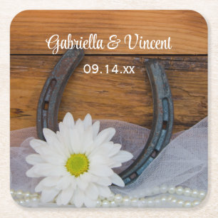 White Daisy en Hoefijzer Country Western Wedding Kartonnen Onderzetters