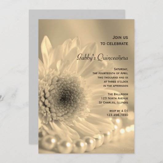 White Daisy en Pearl Quinceañera Party Invitation Kaart (Voorkant / Achterkant)