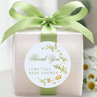 White Daisy Floral Baby Shower Thank You Blue Ronde Sticker