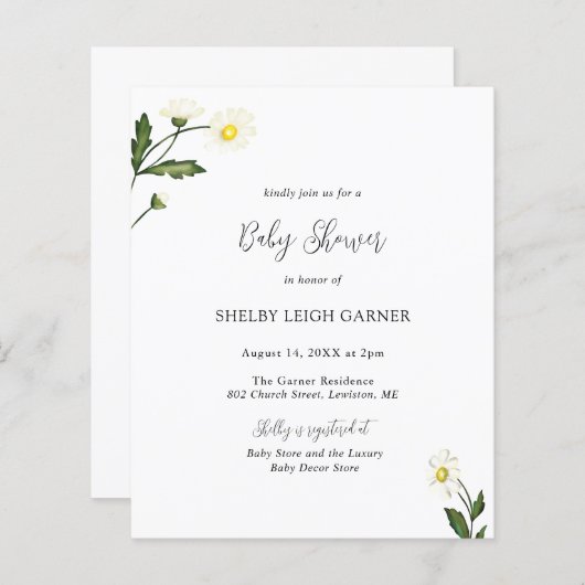White Daisy Floral Budget Baby shower Uitnodiging (Voorkant / Achterkant)