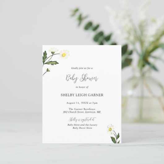 White Daisy Floral Budget Baby shower Uitnodiging (Staand voorkant)
