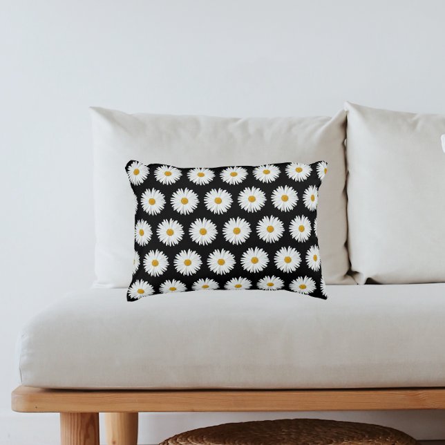 White Daisy Floral Pattern on Black Accent Kussen (In Situ Sofa)