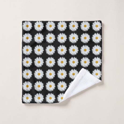 White Daisy Floral Pattern on Black Bad Handdoek (Wasdoekje)