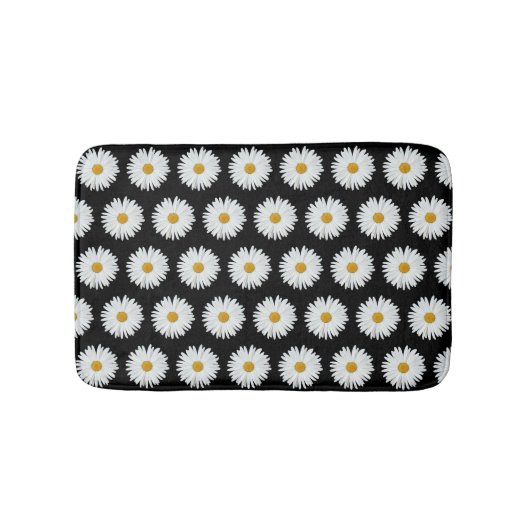 White Daisy Floral Pattern on Black Badmat (Voorkant)