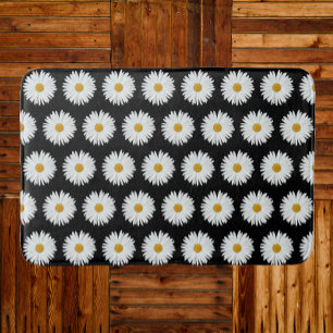 White Daisy Floral Pattern on Black Badmat