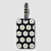 White Daisy Floral Pattern on Black Bagagelabel (Voorkant (verticaal))