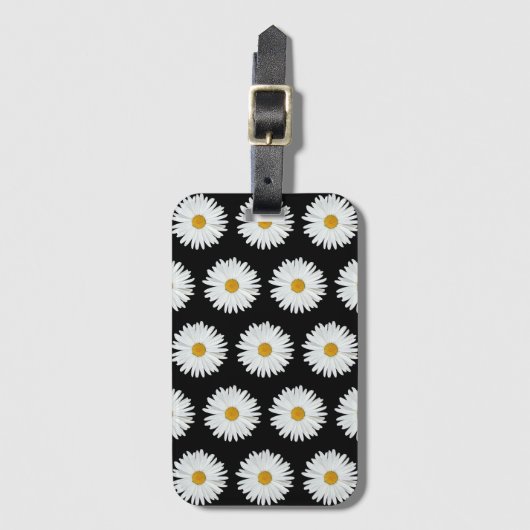 White Daisy Floral Pattern on Black Bagagelabel (Voorkant (verticaal))