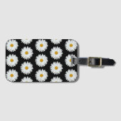 White Daisy Floral Pattern on Black Bagagelabel (Voorkant (horizontaal))